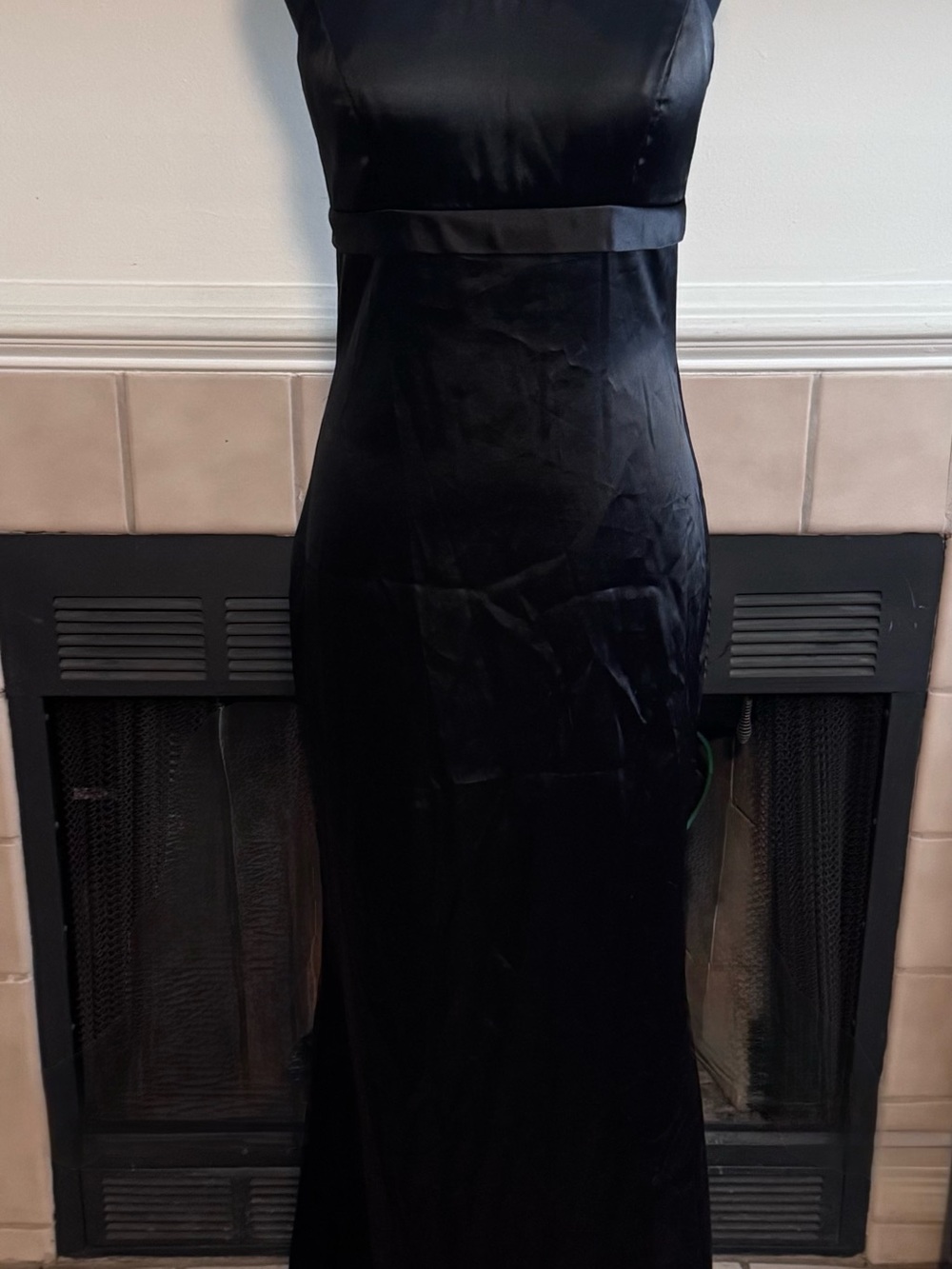 Lenovia Black Satin Formal Dress with Long Train and “Crystal” Beaded Neckline